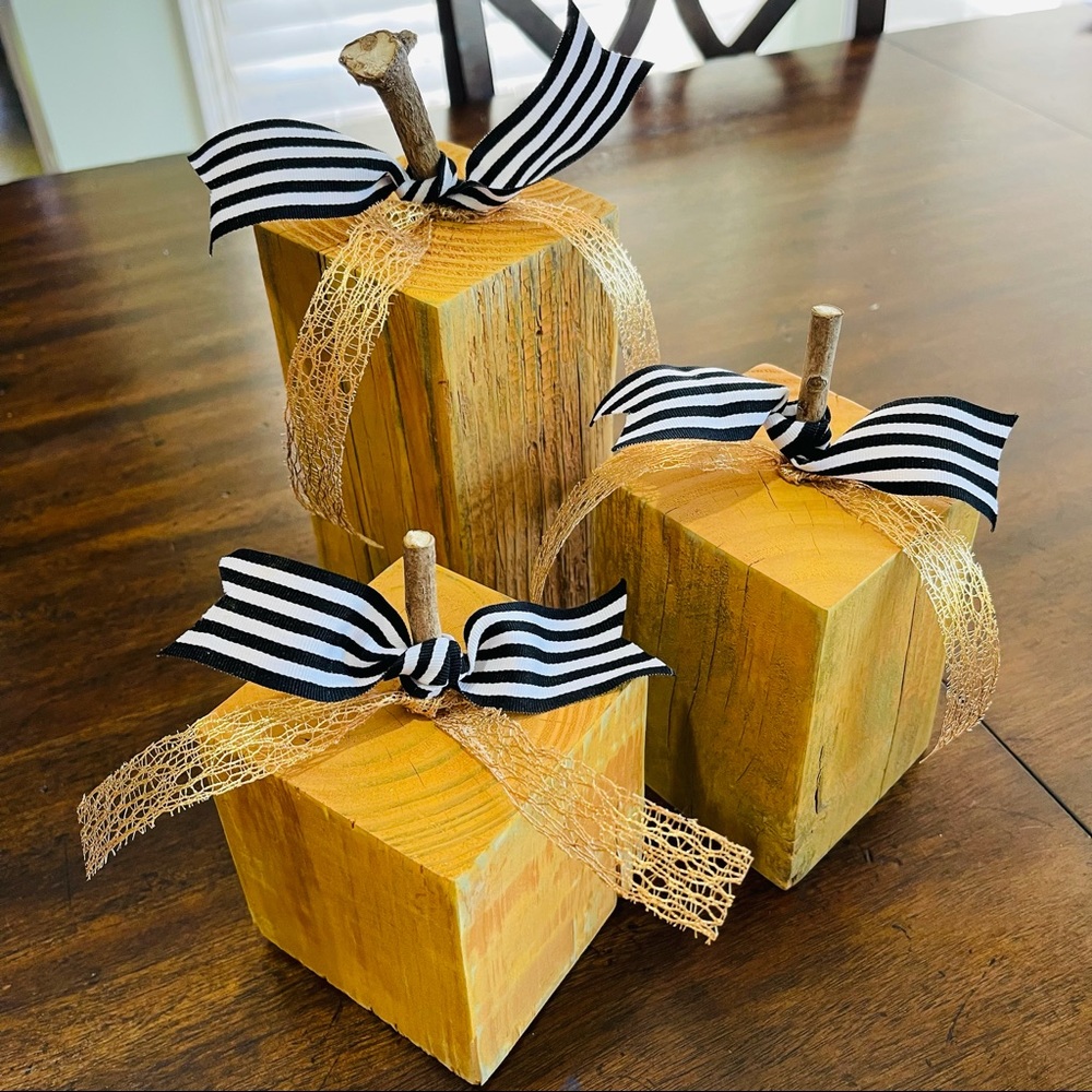 Rustic Wooden Orange Boho Farmhouse Pumpkins (Set of 3)